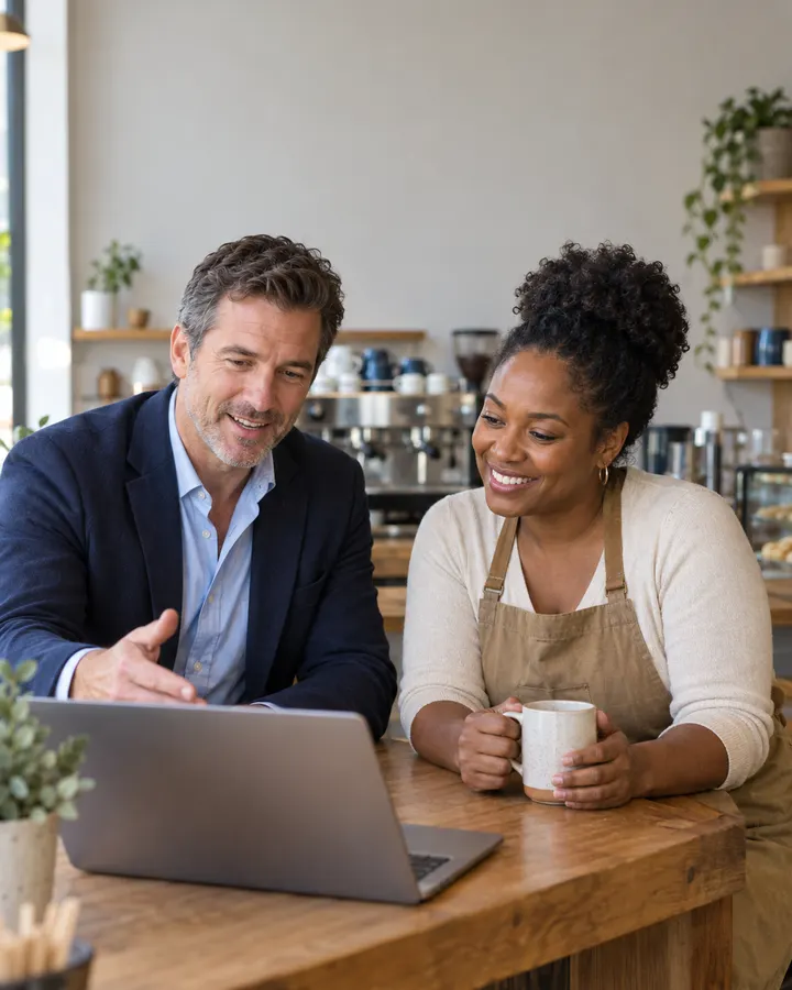 Consultant showing a café owner an AI assistant on a laptop
