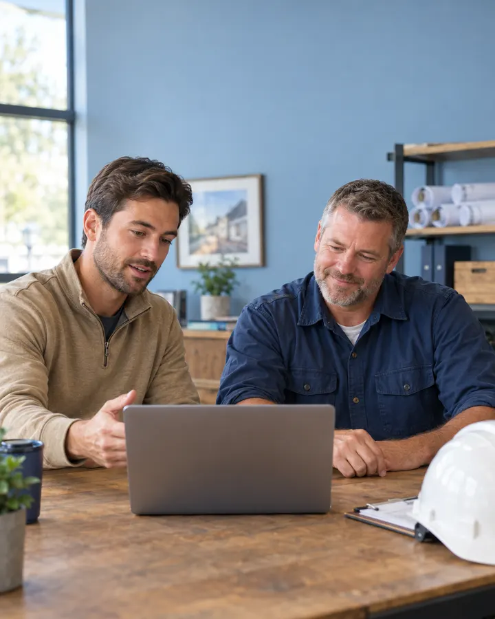 Consultant reviewing an AI workflow with a contractor at a job-site office